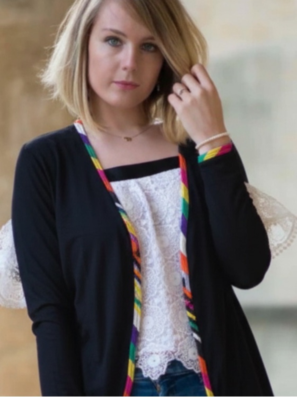 Vintage Rainbow Trim Convertible Open Back Cardigan Top One size fits most. - Picture 3 of 13